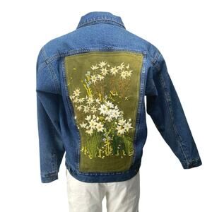 Army Navy Men's Blue Floral Embroidered Handmade Button Down Denim Coat Jacket M